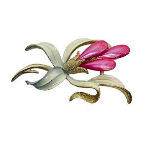 Vintage Mamselle Gold Tone White Enamel & Pink Bead Orchid Brooch (5743)
